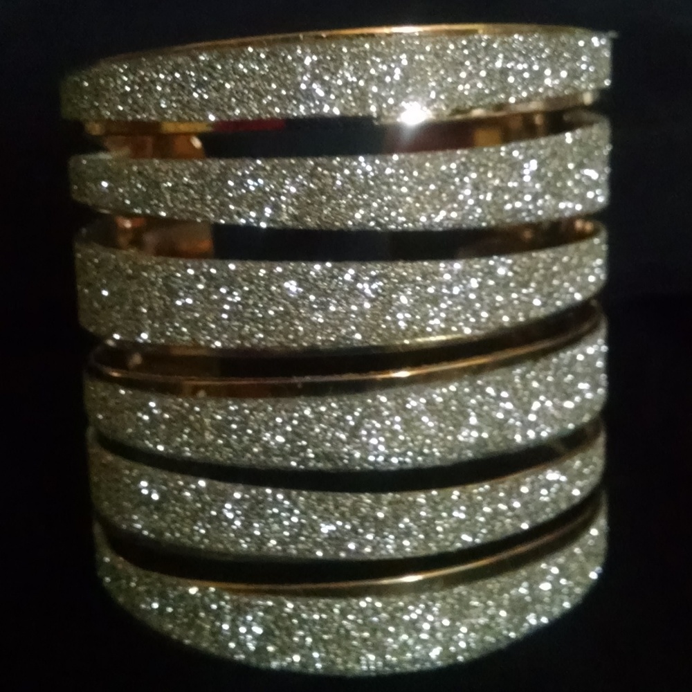 Rhodium Bling Silver Sparkle Wide Cuff Bracelet